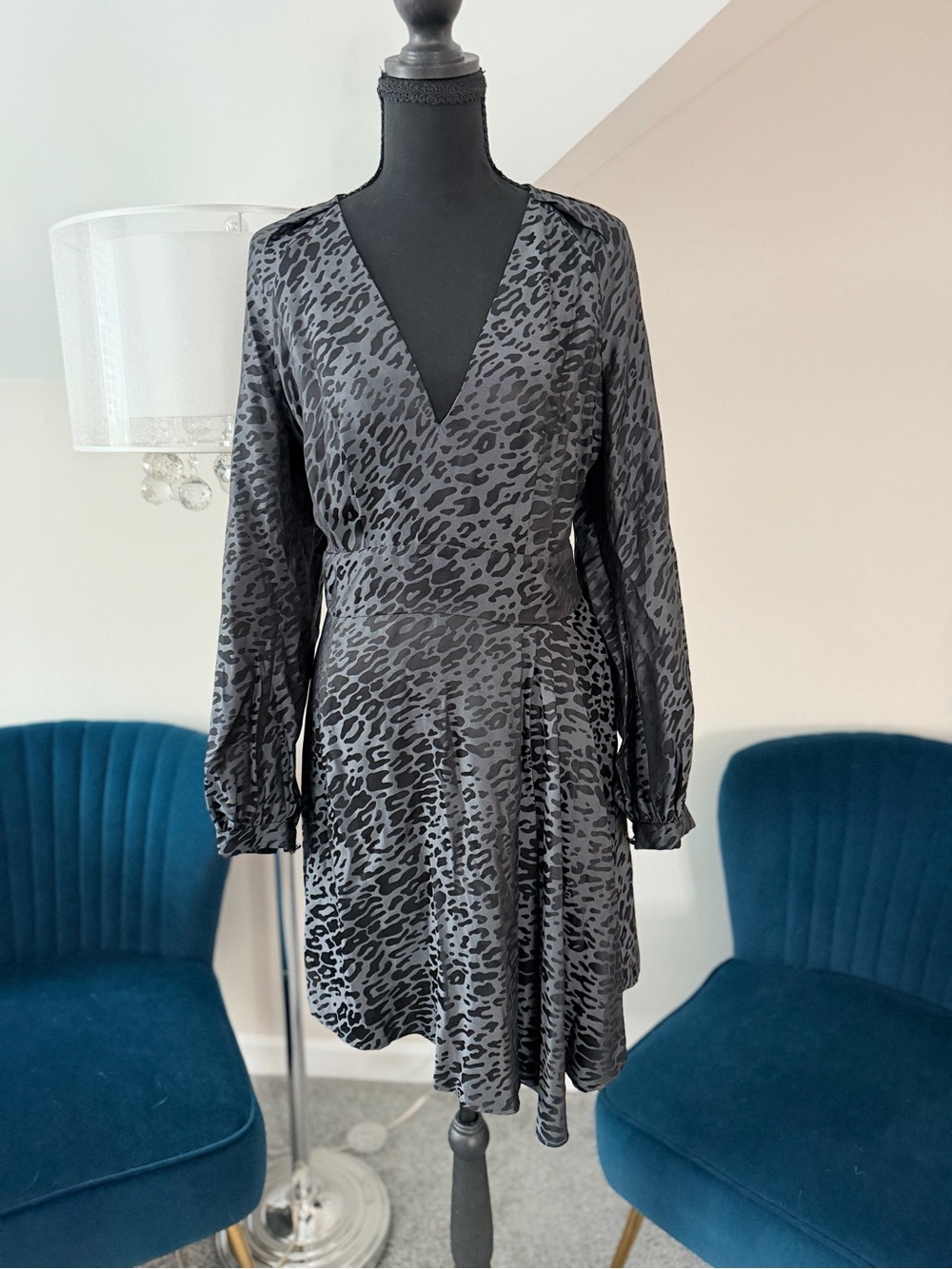 Equipment Black and Gray Leopard Print V-Neck Dress